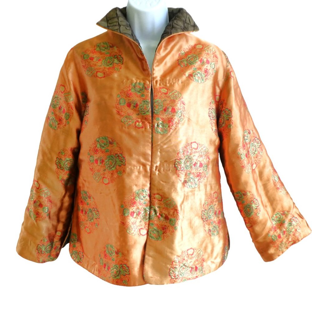SiLK Blend Asian Jacket Rising Phoenix Quilted Floral Copper Liner Braid Button